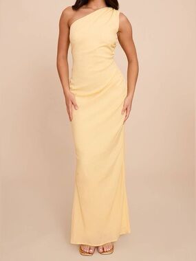 LEMON TEXTURED ONE SHOULDER RUCHED MAXI DRESS NWT